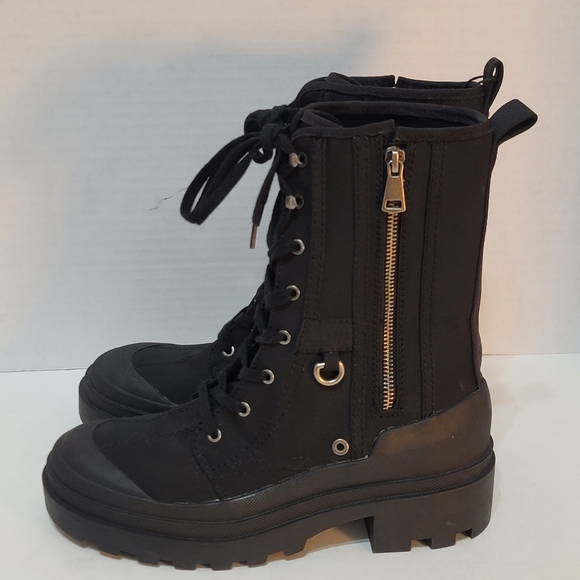 Zara Black Canvas Women's Combat Boots Chunky Heel Lace-up Zip-up Sz40 (US Sz9) - Picture 3 of 16